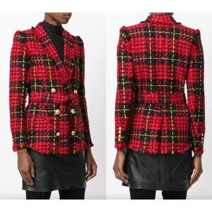$3095 Balmain Red Black Herringbone Tweed Blazer Jacket size FR 40/8